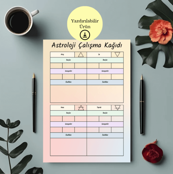 4 Element (Ateş, Toprak, Hava, Su) Astroloji Çalışma Kağıdı - A4 Yazdırılabilir (Dijital) 1