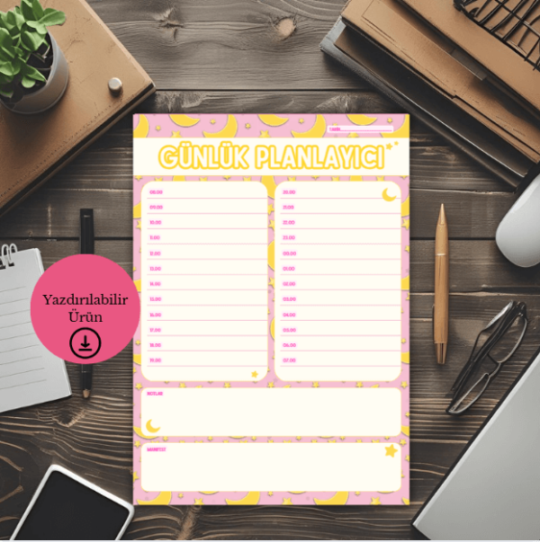 Pembe Ay ve Yıldız Temalı Günlük A4 Yazdırılabilir (Dijital) Planlayıcı 1