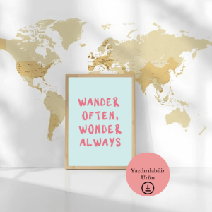 Wander Often, Wonder Always Mavi Arka Planlı Pembe Yazılı Poster - A4 Yazdırılabilir (Dijital) 1