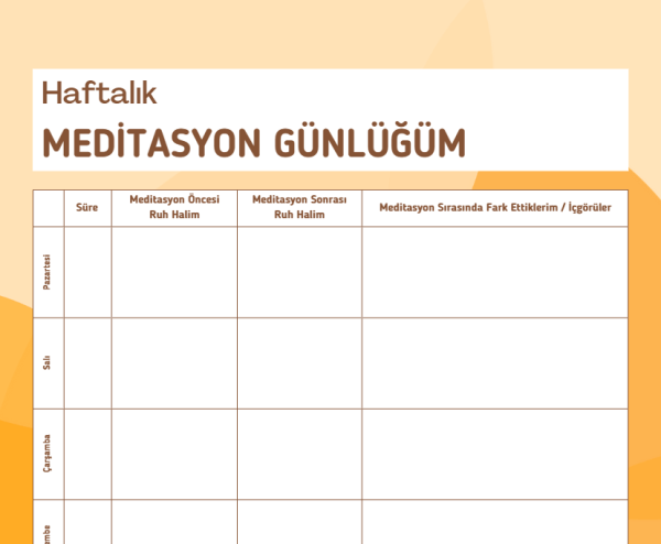 Turuncu Tonlarında Haftalık Meditasyon Günlüğü - A4 Yazdırılabilir (Dijital) Günlük 3
