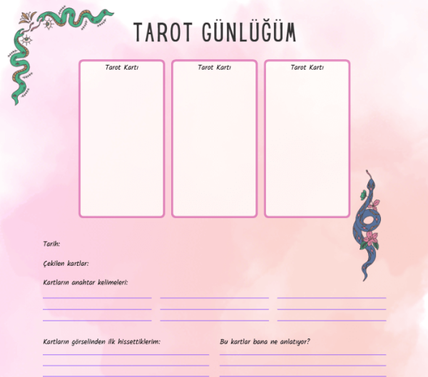 Yılan Detaylı 3 Kart Tarot Günlüğü - A4 Yazdırılabilir (Dijital) Günlük 3