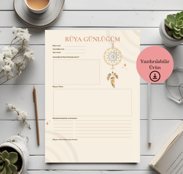 Dreamcatcher Temalı Rüya Günlüğü - A4 Yazdırılabilir Günlük (Dijital) 1