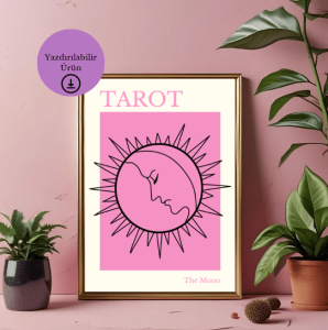 Pastel Pembe Arka Planlı The Moon Tarot Poster - A4 Yazdırılabilir Sayfa (Dijital) 1