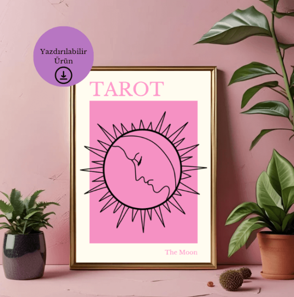 Pastel Pembe Arka Planlı The Moon Tarot Poster - A4 Yazdırılabilir Sayfa (Dijital) 1