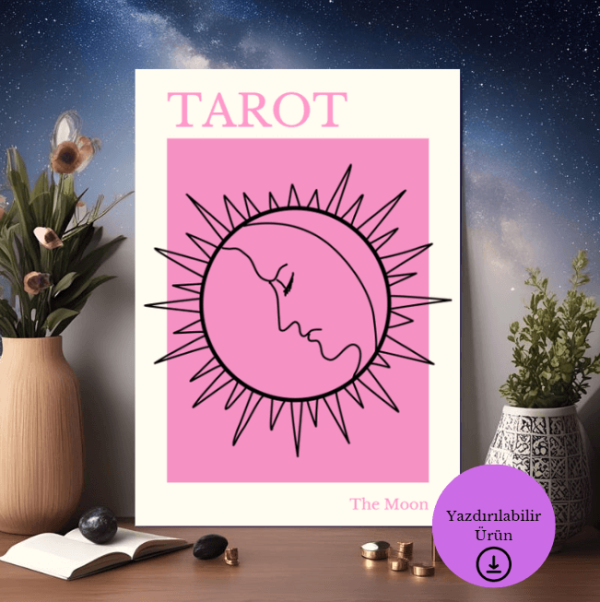 Pastel Pembe Arka Planlı The Moon Tarot Poster - A4 Yazdırılabilir Sayfa (Dijital) 2