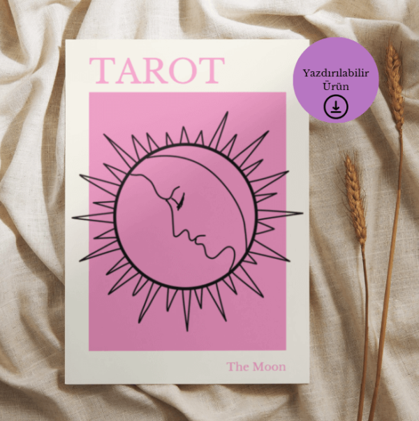 Pastel Pembe Arka Planlı The Moon Tarot Poster - A4 Yazdırılabilir Sayfa (Dijital) 3