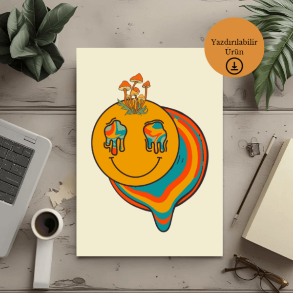 Psikedelik Gülümseme ve Mantar Temalı Dijital Poster - A4 Yazdırılabilir Sayfa 2