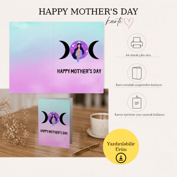 HAPPY MOTHER'S DAY Triple Moon Temalı Katlanabilir Dijital Kart - A4 Yazdırılabilir Kutlama Kartı 2